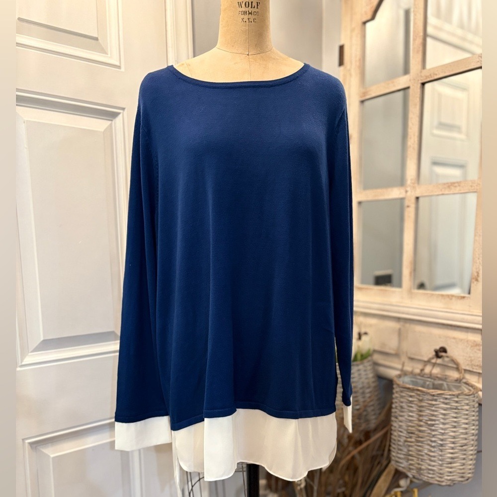 Navy Blue Layered Look Knit Sweater White Trim Long Sleeve Crew‎ Neck Top XL